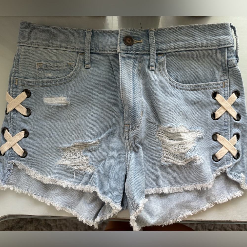 Hollister Blue Distressed Jean Shorts with Side Lacing